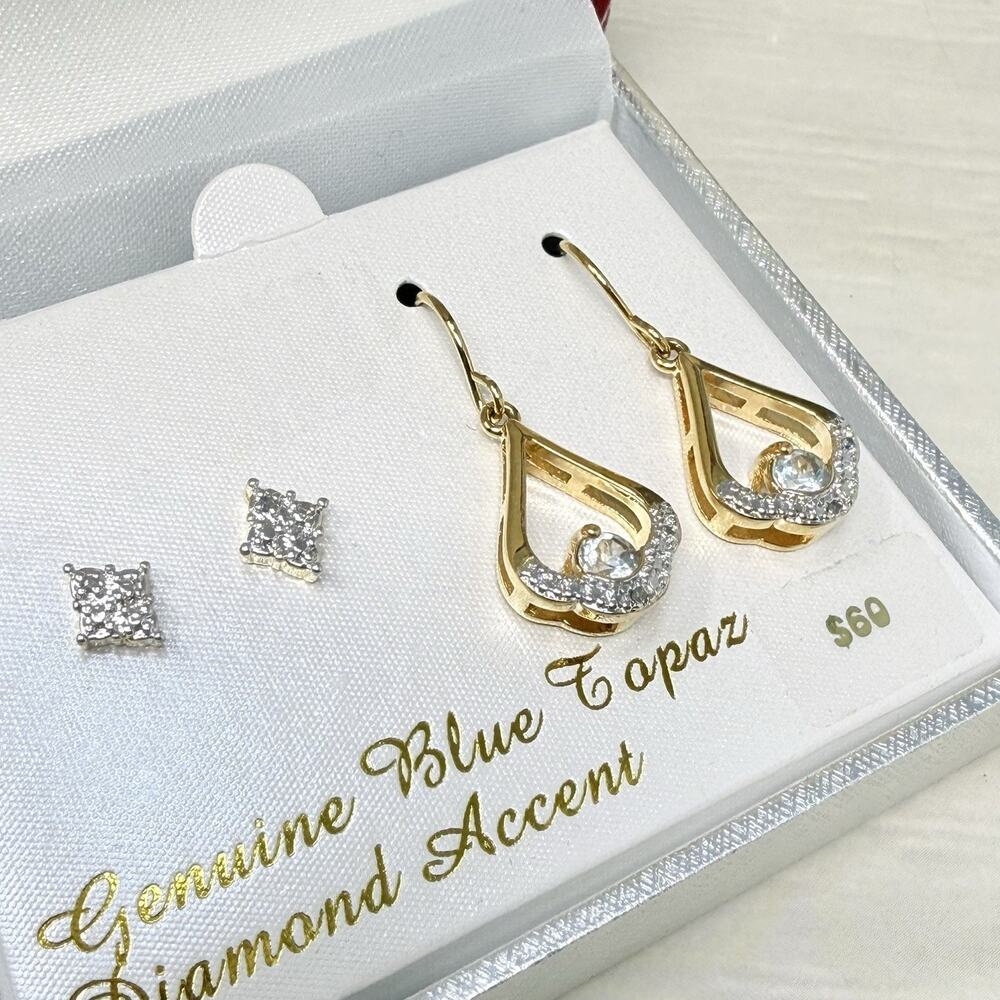 Two Pair PAJ BB China Blue Topaz and Diamond Accent Teardrop Dangle Earrings - Picture 3 of 8